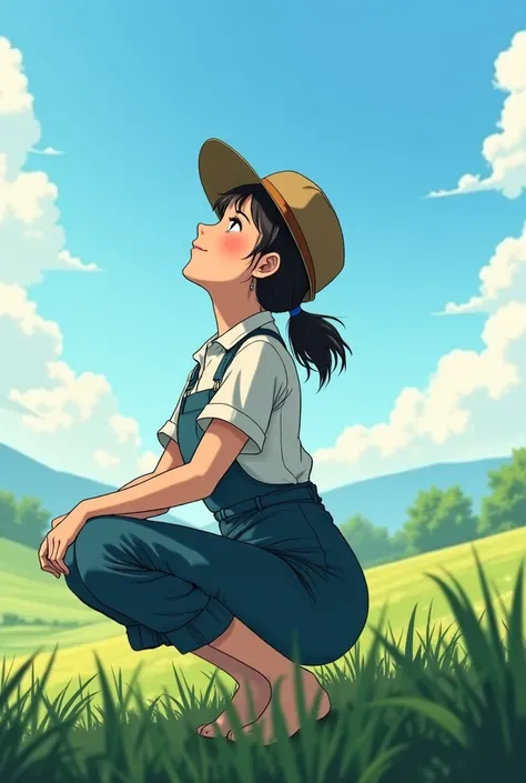 Full body side view of a middle aged farmer woman crouching looking up anime style full body