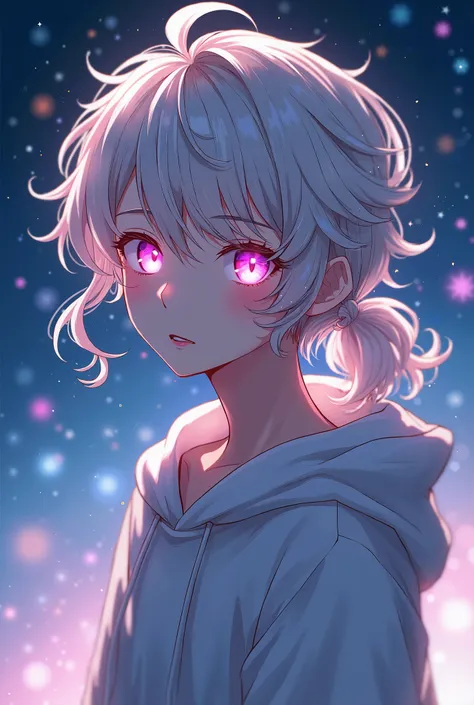  animated boy, Pink eyes  , Starlight eyes  ,  silver hair,  curly hair,  ponytail,  hoodie