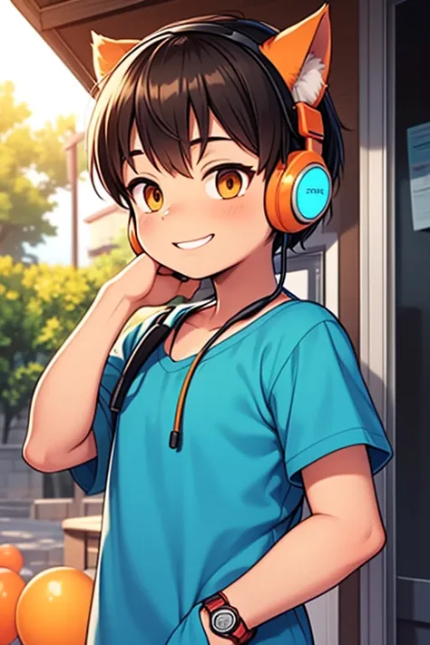 From the outside, a wonderful work, a boy who looks cute, has a cat ears with an orange orange balloon, wearing headphones on the neck and wearing one hand watch, one sun, sunlight, on a screen, high, chin smile 