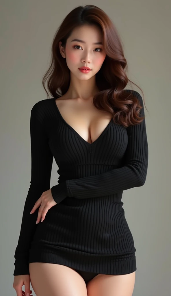 35 year old beauty　 F Cup Big Breasts　Height 165cm Japanese　Black knit　 miniskirt　 slightly brown hair　