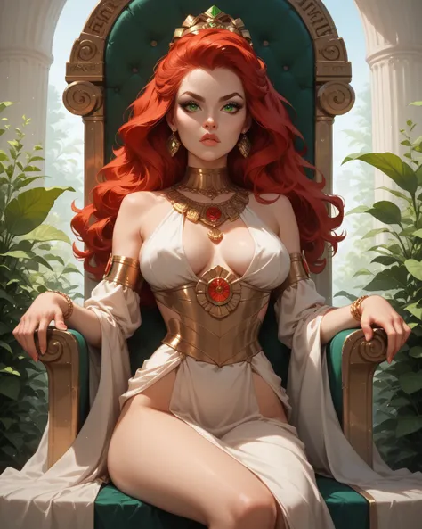 Middle-aged woman, with a beautiful and mature face. strong body, friendly face. wears an ancient Greek toga, gold decoration, radiates divine light. long wavy orange-red hair, beautiful green eyes. intense Green skin. She is sitting on a throne with a bac...