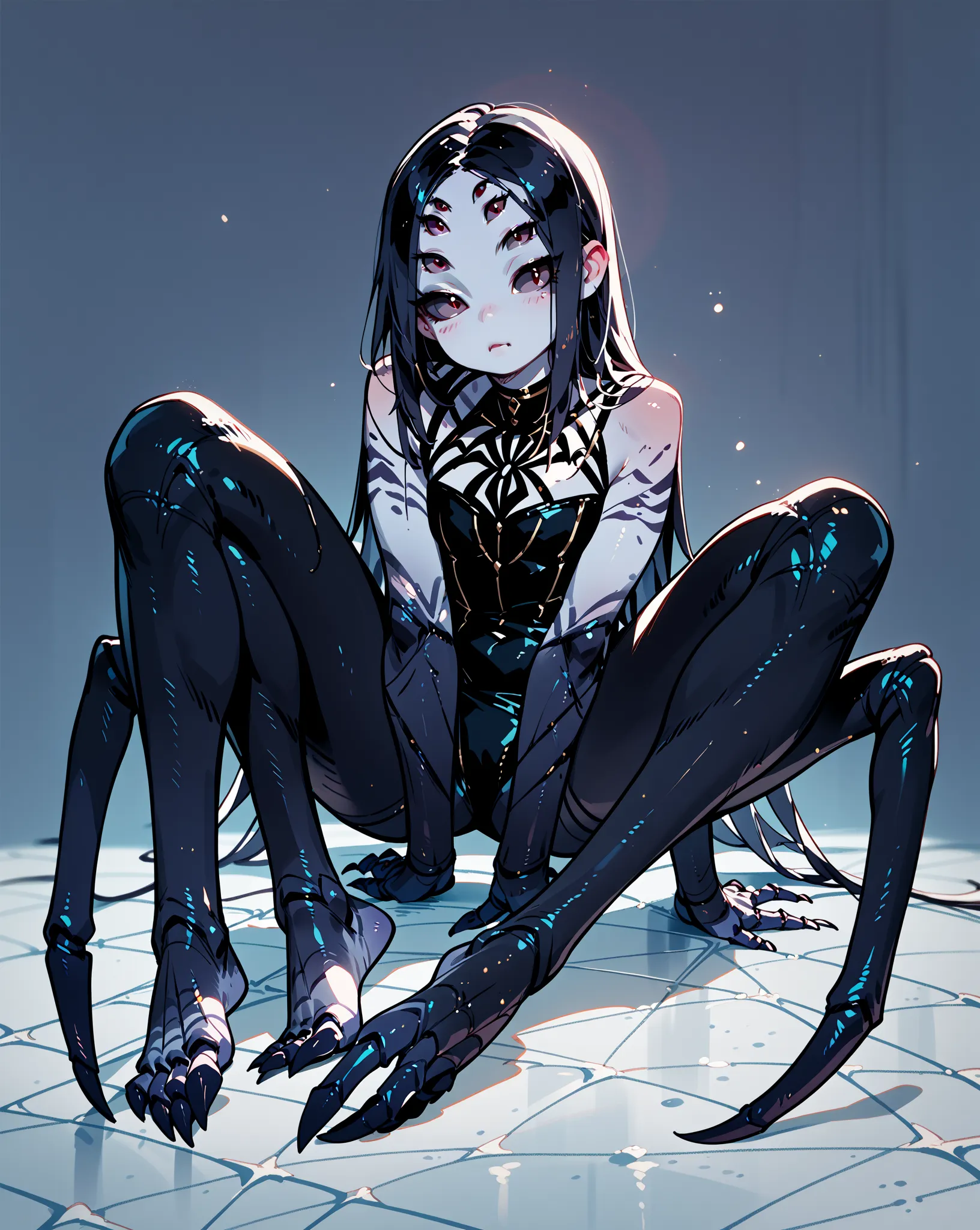 One monster girl(Arachne)、 Shoulder Outfit Dress ( black)、 spider feet 、Lower body of a spider、full body