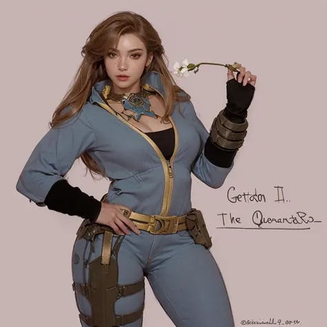 a drawing of a woman in a blue outfit holding a flower, Oc ,  Gordon Freeman as a woman , as a dnCharacter d, inspired by Clovis Trouille, as a d & Character d, Character de fantasia complexo, fantasy of&Character d, unrealistic character concept, female l...