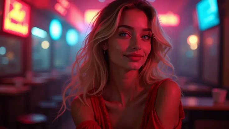 beautiful blonde woman 26 years old in stunning red dress in neon cafe
