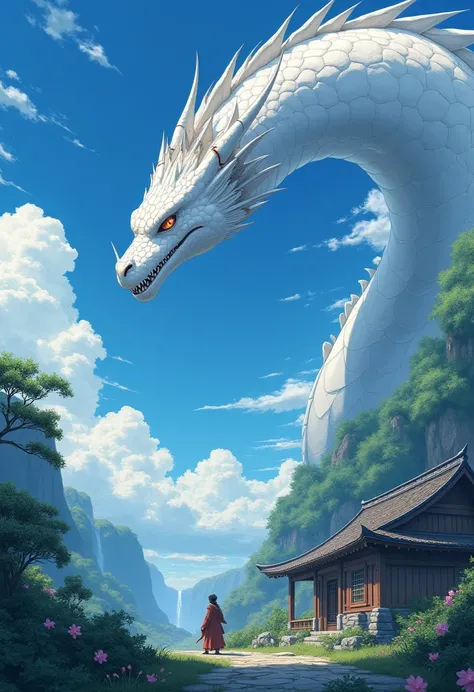 Japanese countryside house,  real anime costume design,  Spirited Away, Totoro.  Details,  colorful, The blue sky and the white dragon are flying 。

 8K ultra-high definition anime-style illustration 。 A giant dragon and a small brave man face off 、 fierce...