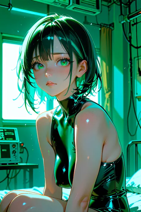 young woman,, green eye, black hair with turquoise highlights, beautiful detailed eyes, beautiful detailed lips, long eyelashes, freckles, sagging breast, black techwear ,sitting on a hospital , worried