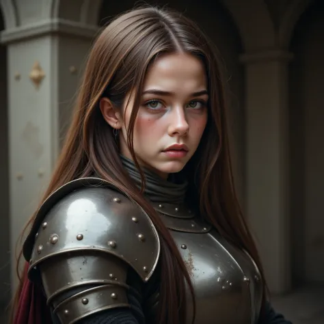 High resolution, masterpiece, photorealistic, a full armored 17-year-old pretty girl with brown long hair, brown eyes, round shape face, gentle look wearing a shiny medieval armour is crying with intense fear expression.