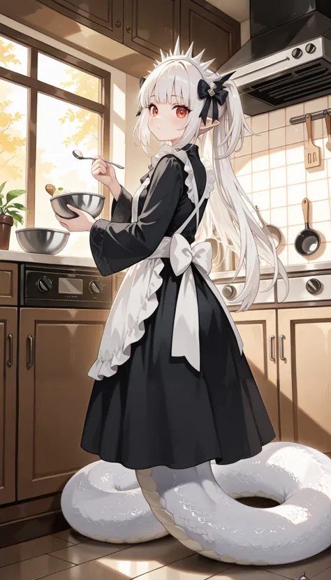 ( masterpiece), ( best quality ),( full five fingers), A-bao a qun - Shadows without light, double ponytail,1 Girl, alone, long white hair,headdress, are very beautiful,absurdres, latest, lamia,white snake tail, apron, maid outfit,kitchen,在kitchen做饭,Ho...