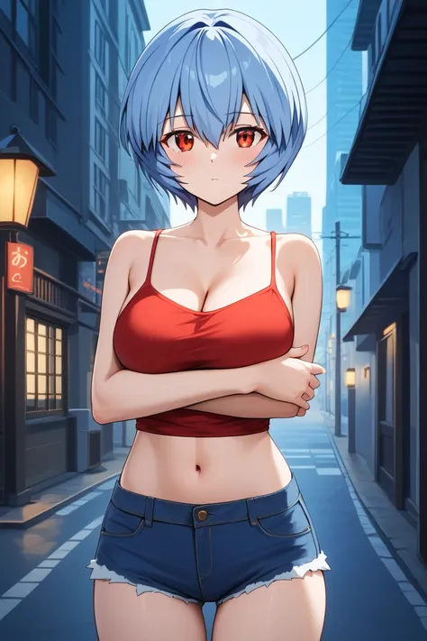 masterpiece,best quality,{{detailed beautiful face and eyes}}, very detailed background,
Rei Ayanami,{{{megami magazine}}},short hair,blue hair,hair between eyes,red eyes,medium breasts,
camisole, bare shoulders, cleavage, crop top, cutoffs, denim shorts, ...