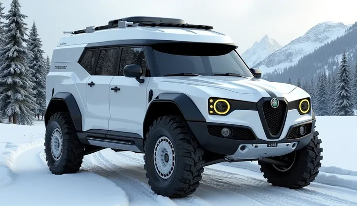 "Stunningly realistic 3D render of a colossal, heavily armored 2025 Alfa Romeo  Motorhome 4x4 designed for off-road adventures. Features include enormous off-road tires with silver-colored wheels, reinforced metal panels, and an aggressive front right side...