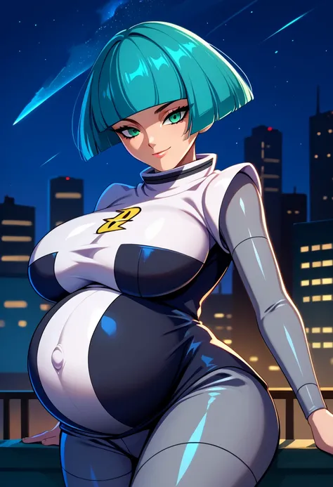 score_9, score_8_up, score_7_up, score_6_up, source_anime, 1girl, solo,  pmtgg, cyan hair, short hair, blunt bangs, green eyes, black and white dress, two-tone dress, grey bodysuit, bodysuit under clothes, grey pants, huge breasts, looking at you, upper bo...