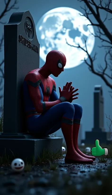 Spider-Man is sitting leaning against a grave, looking straight ahead. The full moon in the background is shining extremely brightly, illuminating everything around. The environment is fully bright yet has a spooky night atmosphere. Spider-Man is crying in...