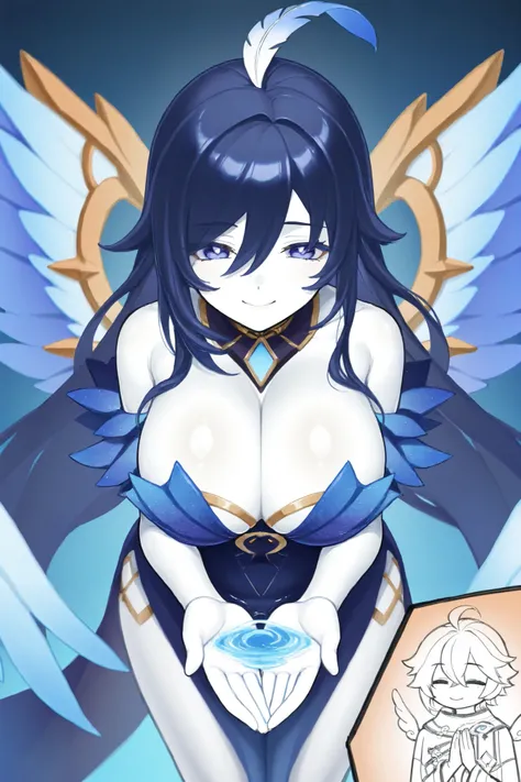  on hands、woman、 LONG FEATHER KITTEN、 Galaxy Wings  、   long dark blue hair、 eyes are blue like deep sea  、zitoida   、     piece、The power of water  、 Super Fine、、   white skin、smile、Brother and sister、Best body、 best image quality（4K.8k）、Amazing view、 Gen...