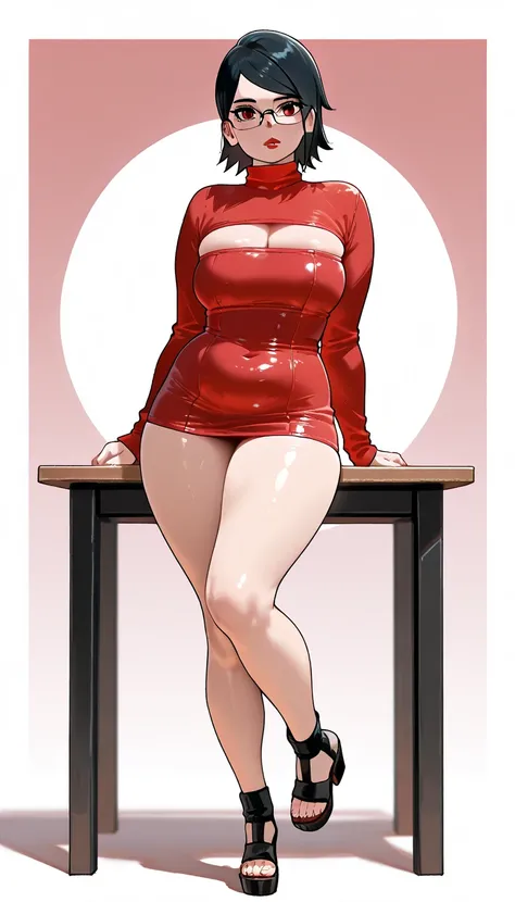 ((best quality)), ((masterpiece)), (detailed), sarada uchiha ,  hot and sexy nude woman  having massive boobies and thick thighs, voluptuous figure, chubby body, black hair, red lips, short hair, glasses,  bent body, bright sunshine, looking at viewer, wid...