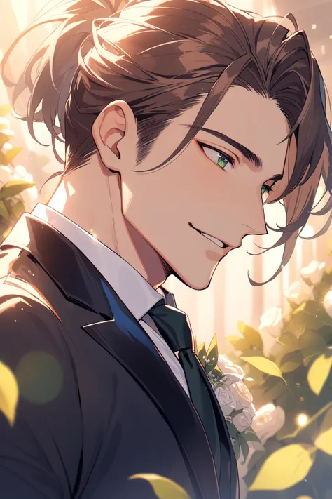 1 handsome hair, long brown hair in a ponytail, green eyes, 30 years old, high detail, black suit and tie, perfect eyes, look away, solo, calm smile, wedding background, he is the groom, sexy good boy