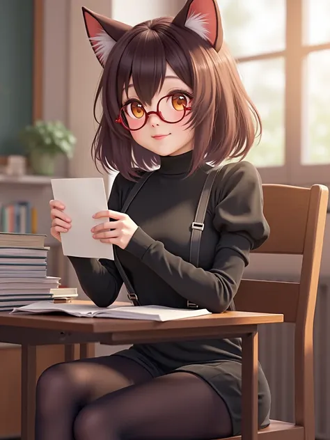 anime young cute chinese catgirl with orange eye & red lips, final fantasy sephiroth hair and glasses ,wearing black turtleneck with suspenders and pantyhose tights without skirt,sitting in front of a labolatory desk with books while holding love letter, a...