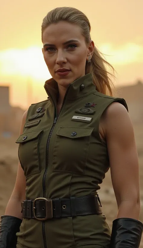 **Scarlett Johansson como Sonya Blade**  would bring a powerful version , determinada e implacável  of the iconic Special Forces commander  em *Mortal Kombat*. in a ** devastated battlefield **,  amidst wreckage and smoke rising to the sky , She stands her...