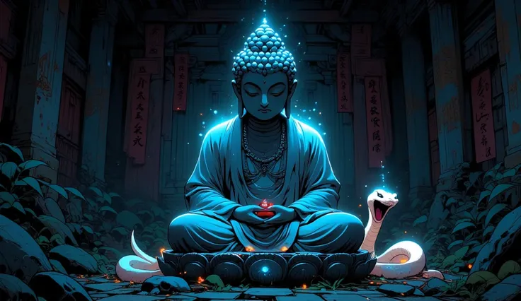 a cartoon of a buddha statue, the buddha statue glows with aura, a cute white snake is hiding on the right side of the image as part of the foreground as a silhouette, it opens its mouth in shock. the snake is showing its back at viewer, while the buddha s...