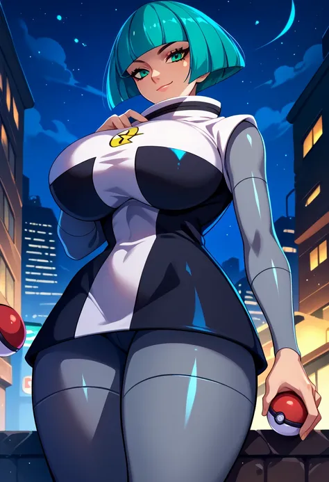 score_9, score_8_up, score_7_up, score_6_up, source_anime, 1girl, solo,  pmtgg, cyan hair, short hair, blunt bangs, green eyes, black and white dress, two-tone dress, grey bodysuit, bodysuit under clothes, grey pants, huge breasts, looking at you, holding ...