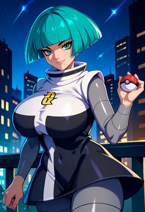 score_9, score_8_up, score_7_up, score_6_up, source_anime, 1girl, solo,  pmtgg, cyan hair, short hair, blunt bangs, green eyes, black and white dress, two-tone dress, grey bodysuit, bodysuit under clothes, grey pants, huge breasts, looking at you,one hand ...