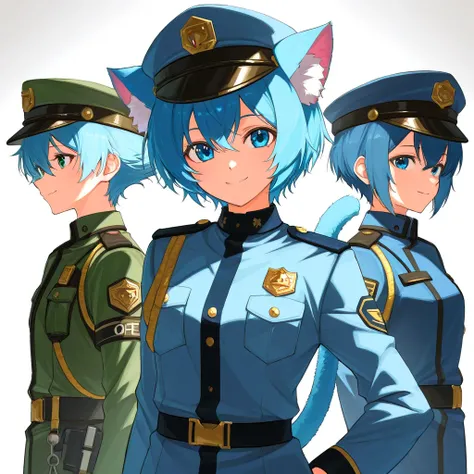 E-11 Weapon, Five человек, Five,  short hair,  upper body ,  Science fiction,  smile,  blue hair, ( hat :1), Officer uniform ,  Cat ears , cat tail