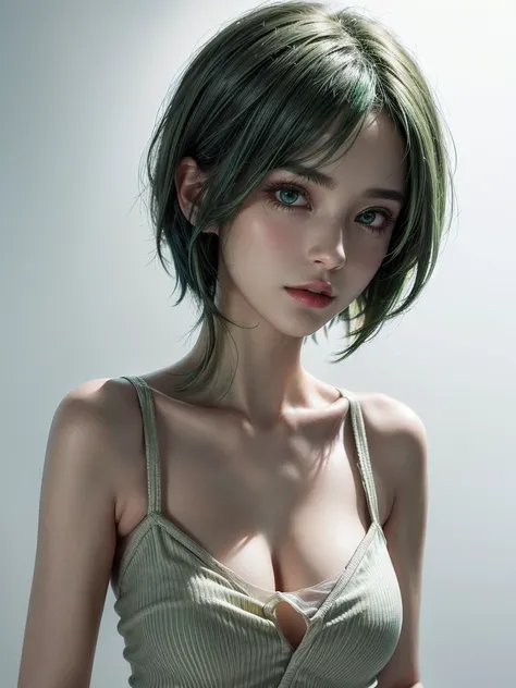 (masterpiece:1.3), (8k, photorealistic, RAW photo, best quality: 1.4), (1woman), (solo), 23 years old, beautiful face, (realistic face), (green hair,  short hair:1.4), beautiful hairstyle, realistic eyes, (emerald green eyes), beautiful detailed eyes, (rea...