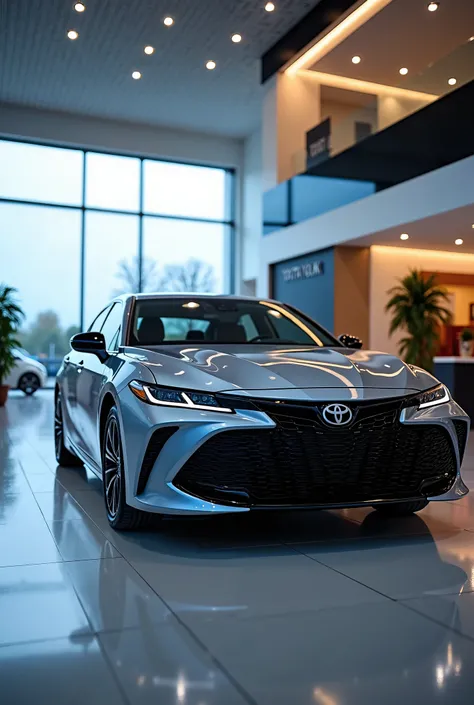 Toyota Camry hybrid 2025 model in showroom full view 