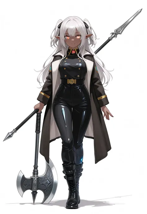 ultra detailed, absolutely resolution, masterpiece. 
beautiful dark elf with brown skin, white fluffy silky glossy two side up hair, captivating silver eyes, lewd expression, lewd great body proportion, wearing jet black military coat, military pants, long...