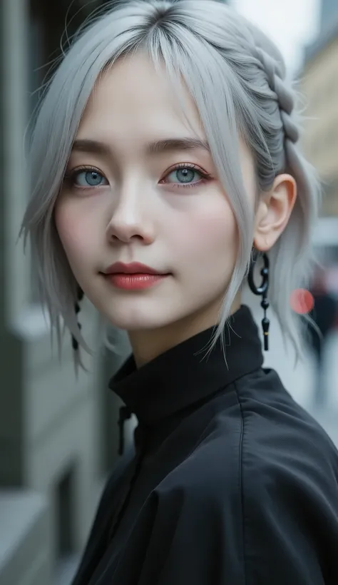  highest quality、 Masterpiece、 RAW Photo 、 film grain 、８ｋ、 ultra high resolution、 very cute girl 、Albino Girl、Pale face_eye_lips、Black Lips、Highly detailed eyes and face、 gray hair:1.37、 French Braid :1.48、 pale skin on a street car、Light-pigmented eyes、 g...