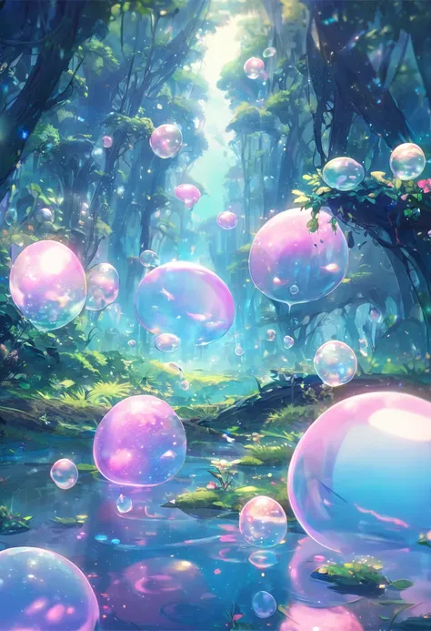 A pink, semi-transparent slime floating in mid-air, constantly shifting into bubble-like shapes. Tiny soap-like bubbles drift around it, reflecting the soft green and blue lights of the Slime Forest. The air is filled with a faint, dreamy mist.