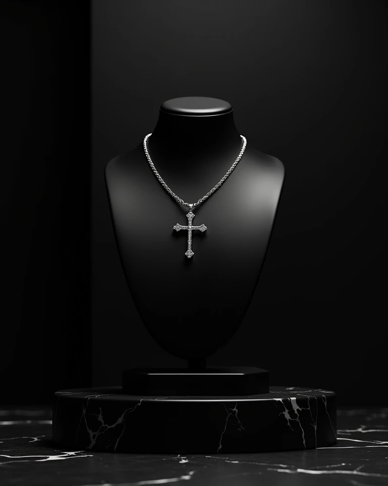 Create an elegant and minimalist scene showcasing a black mannequin on a tottaly black podium. black with white details marbled  background to enhance the luxurious feel. The overall aesthetic should exude refined elegance and timeless beauty. Ensure the l...