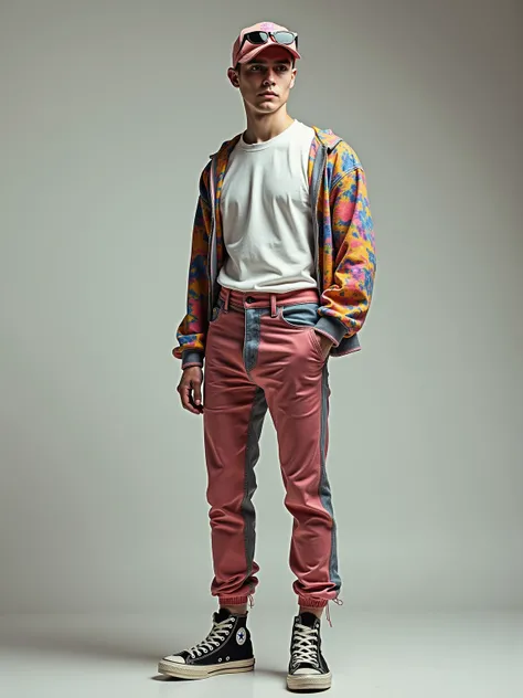 Full height image of a beautiful young white man, short hair, wearing small cap, in sheer jeans, t-shirt, sunglasses, sneakers, acid psychedelic style outfit