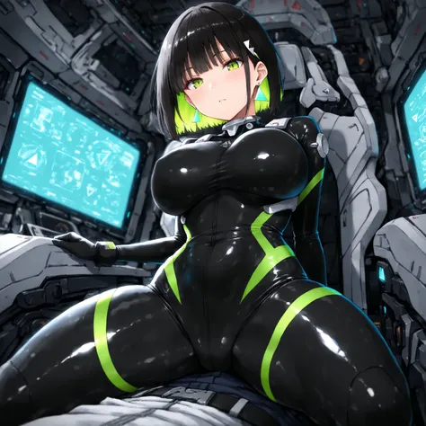 masterpiece, (((( best quality )))),,,,1 girl, Japanese anime,shiny skin, is wearing a black pilot suit, dark hair, short bob hair,The inner color of the hair is green, green eyes,isosceles triangle earrings, straddling the cockpit of the ,Very thick legs,...