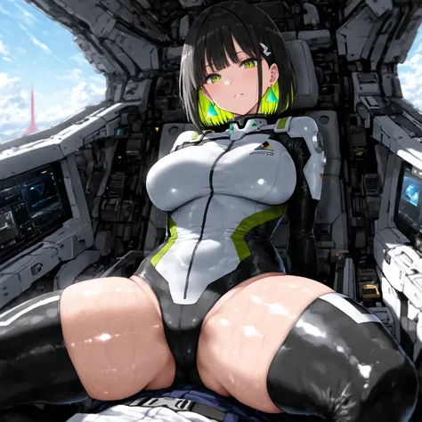 masterpiece, (((( best quality )))),,,,1 girl, Japanese anime,shiny skin, is wearing a black pilot suit, dark hair, short bob hair,The inner color of the hair is green, green eyes,isosceles triangle earrings, straddling the cockpit of the ,Very thick legs,...