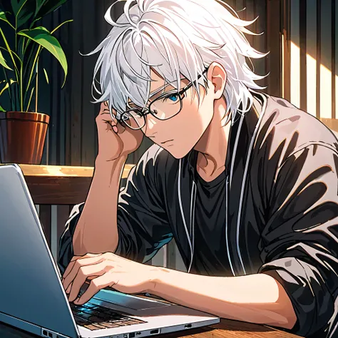 An adult boy with a white hair and have no reaction on his face  and wearing a glass and have a laptop and he is concentrating on his laptop 