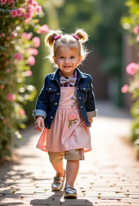 Sure! Here are 10 more prompts featuring a toddler model in various stylish ensembles:

1. A charming  girl struts down an outdoor garden runway, surrounded by blooming flowers. She wears a delicate pastel pink sundress adorned with floral embroidery, pair...