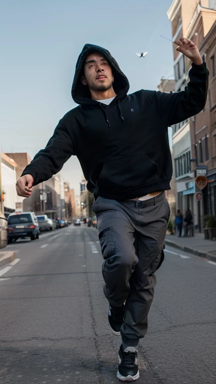 A man wearing a black hodie hood and in cargo pants was flying through the air facing the camera