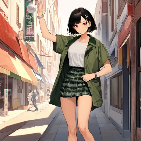 1 girl, solo, short black hair, bob cut, (hairpin, bangs parted in center), red eyes, smiling, checked skirt, oversized dark green jacket, silver bracelet, raised fist, outdoors, shopping street, masterpiece, top quality, very aesthetic, high detail, high ...