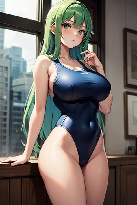 Detailed view,  long green hair ,  Masterpiece,Big Breasts, indoor,One person,  anime style ,Blue swimsuit