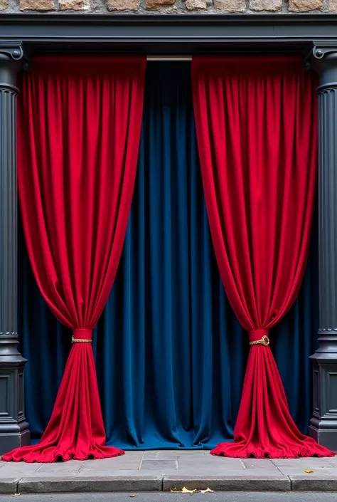 Curtains advertisement, curtain shop, curtains hanging outside the shop, the color of the curtains is dark red and indigo, and there is a large sign in the middle of the road