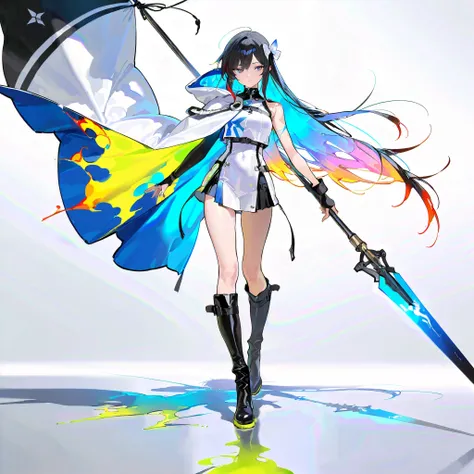 (((masterpiece))), (((Best Quality))), ((Ultra-detailed)), (High Definition anime Illustration), ((extremely delicate and beautiful)),solo, Full body, long black hair, Eyes burning with blue flame,(simple hair bows:1)(she Carried up to huge war flag embroi...