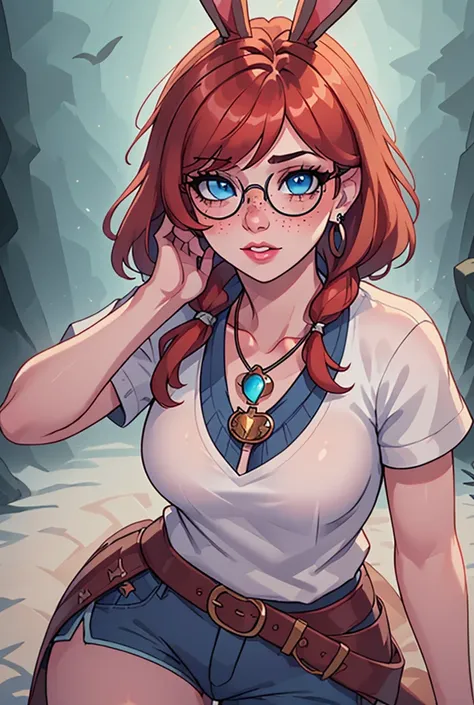 a girl with blue eyes, red hair, and freckles, wearing bunny ears, round glasses, a casual outfit with a cute t-shirt and shorts, a brown belt, and earrings, with a pretty face, long eyelashes, apple butt, dramatic lighting, dark fantasy, mystical atmosphe...