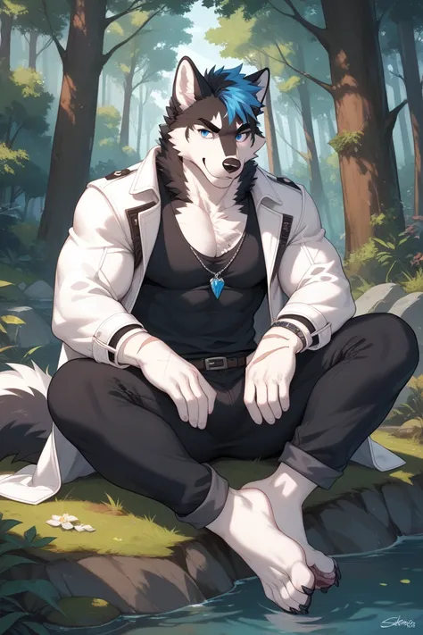 An anthro husky with black fur With blue eyes with scars on his arms, chest and face and muscular and bulky wearing a black tank top with black pants and wearing a white leather jacket andWearing no footwear sitting on a rock having his arms on his legs in...