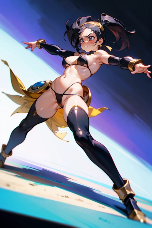 ((((gstring thong)))), ((gigantic breasts)), (transparent erect nipples), (((transparent transparent transparent black bikini fantasy Dragon Quest 3 female warrior's armor))), (((bare shoulder,))), ((slender:1.2)), (gigantic hips), (gigantic buttocks), (((...