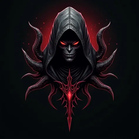  A dark fantasy logo for a game ,  design featuring a sinister hooded figure with elongated eyes,  surrounded by sharp tips and a menacing aura .  The design is gothic and intricate ,  with dark details and sharp textures ,  evoking a sense of mystery and ...