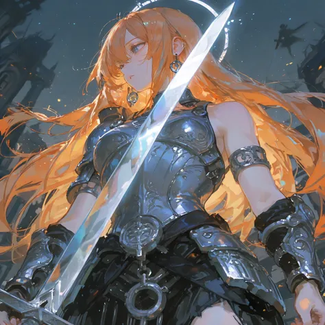  A powerful warrior girl with long flowing orange hair and sparkling silver eyes. She wears silver-black armor engraved with ancient character motifs. Her shoulders are pointed armor, one hand holds a giant sword. Vibrant with magic power, the other holds ...