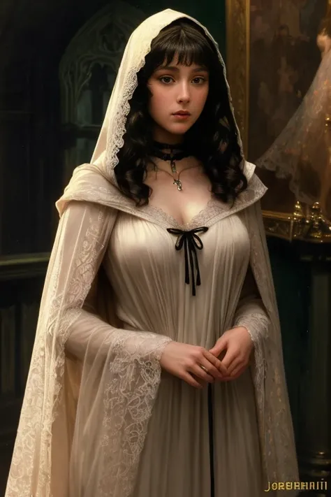 Beautiful (paladin:1.0), wearing a [:sexy:.2] (lace:1.2) hooded cloak [::.3], (gothic choker, ribbons), o-ring collar, [:(nsfw, topless, erotic:.1):.2] fantasy art, concept art, delicate features, feminine, Chiaroscuro , (style of howard chandler christy:1...