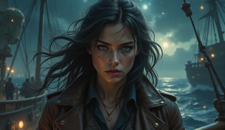 A woman with emerald green eyes full of determination and a thin scar tracing her left cheek stands tall atop the deck of a colossal airship. Her black shoulder-length hair, streaked with silver, whips wildly in the fierce wind. She wears a rugged brown le...