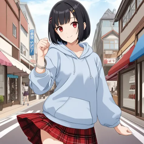 1 girl, solo, short black hair, bob cut, (hairpin, bangs parted in center), red eyes, smiling, checked skirt, oversized blue hoodie jacket, silver bracelet, raised fist, outdoors, shopping street, masterpiece, top quality, very aesthetic, high detail, high...