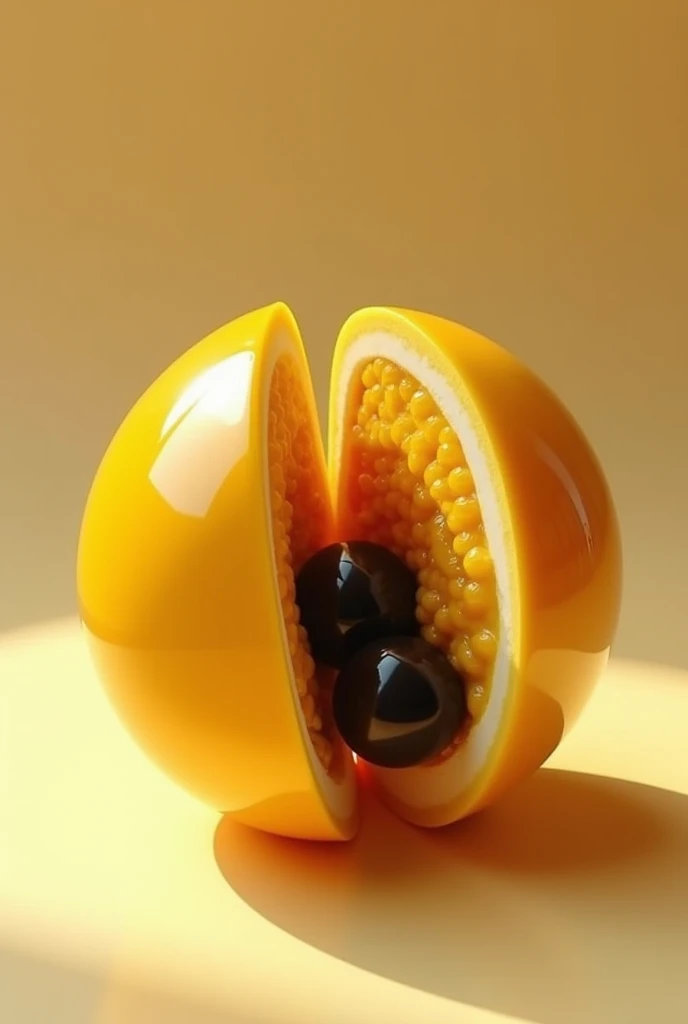 Generate a sphere with mirror yellow glaze, decorated as if it were a passion fruit , filled with melted passion fruit cream and several gelled black coffee spheres,  small ,  split in half showing the filling 